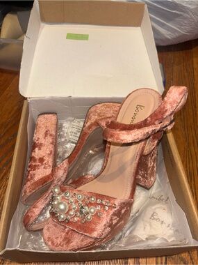 Bonnibel Rose Velvet Pearl & Crystal Block Heel Sandals